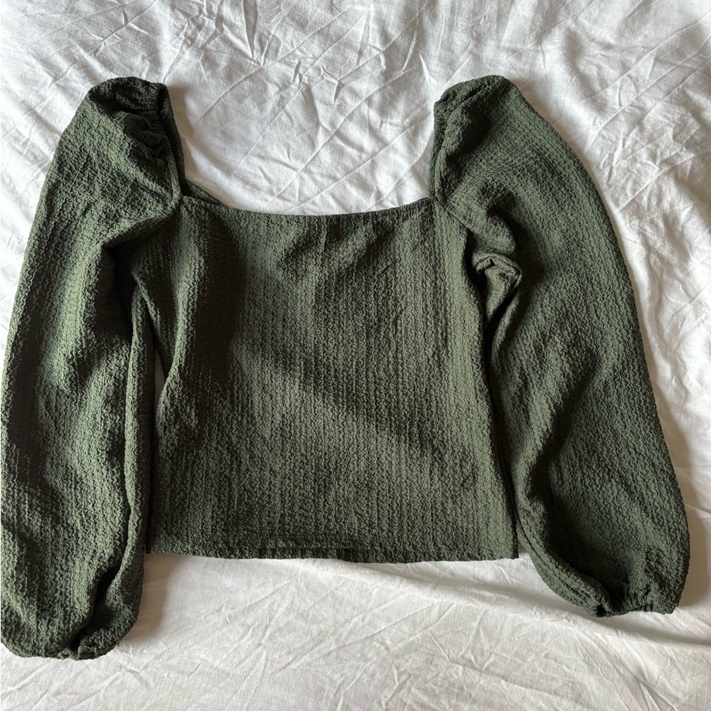 Express Textured Olive Blouse with Puff Sleeves
